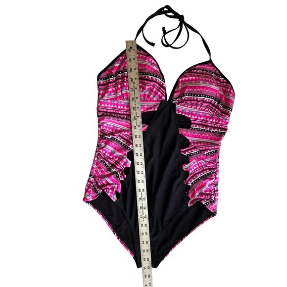 Bongo Pink & Black Aztec Print One-Piece Swimsuit With Side Cutouts & Halter Tie - Picture 8 of 10